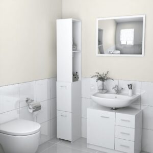 White Engineered Wood Tall Bathroom Cabinet Sleek Storage Organizer Easy Clean