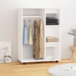 Chic White Engineered Wood Wardrobe Storage Cabinet with Shelves and Wheels