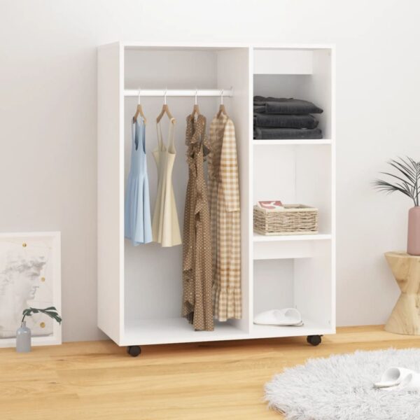 Chic White Engineered Wood Wardrobe Storage Cabinet with Shelves and Wheels