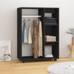 Chic Black Engineered Wood Wardrobe Storage Cabinet with Shelves and Wheels