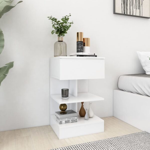 Chic White Bedside Cabinet Modern Engineered Wood Nightstand Storage Organizer