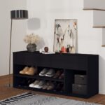 Stylish Black Shoe Storage Bench Organizer with Shelves and Chest Engineered Wood