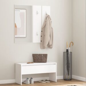 Chic White Hallway Furniture Set Engineered Wood Storage Bench Coat Rack Mirror