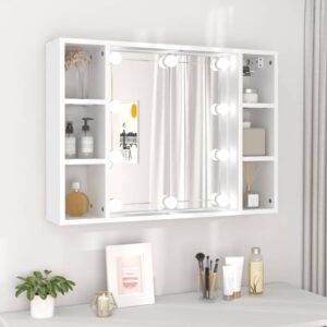 LED Illuminated Wall Mounted Mirror Cabinet White Engineered Wood Bathroom Storage Organizer