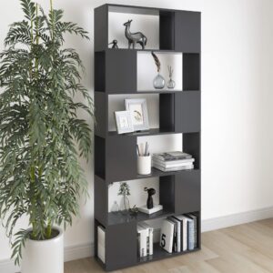 High Gloss Grey Bookcase Room Divider Engineered Wood Spacious Organizer Shelf