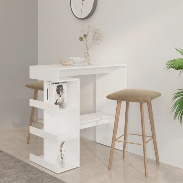 Chic White Engineered Wood Bar Table with Storage Racks and Footrest Modern Design