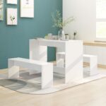 Modern White Dining Set Engineered Wood Table Benches Home Restaurant Decor