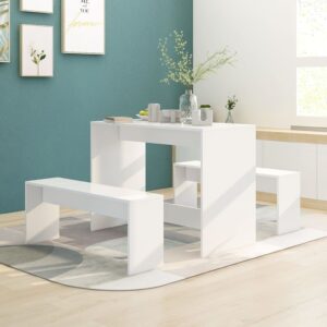 Modern White Dining Set Engineered Wood Table Benches Home Restaurant Decor