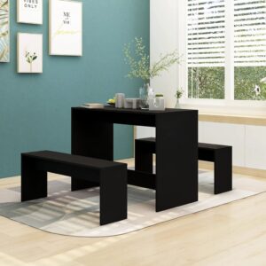 Modern Black Dining Set Engineered Wood Table Benches Home Restaurant Decor