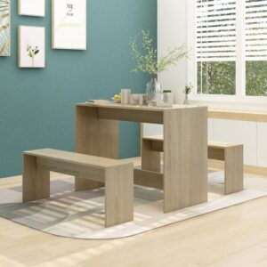 Modern Sonoma Oak Finish Dining Set Engineered Wood Table Benches Home Furniture