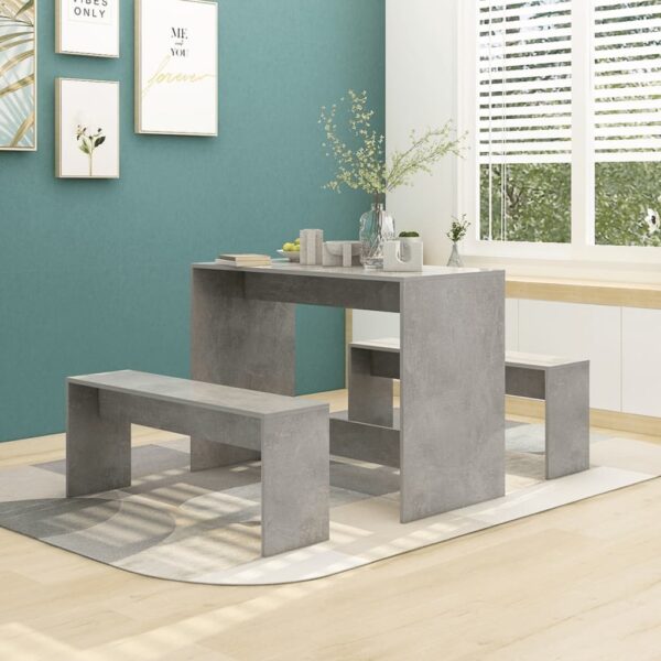 Modern Concrete Grey Dining Set Engineered Wood Table Benches Home Furniture