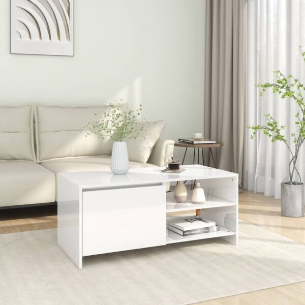 Modern High Gloss White Coffee Table Durable Engineered Wood Storage Chic Design