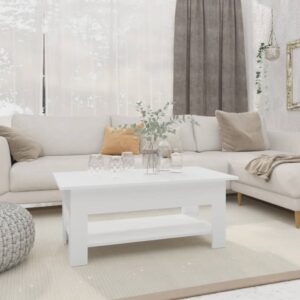 Modern White Coffee Table Engineered Wood Two-Tier Design with Shelf Storage