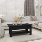 Modern Black Coffee Table Engineered Wood Two-Tier Design with Shelf Storage