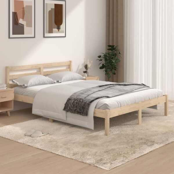 Double Size Solid Pine Wood Bed Frame with Sturdy Slats & Classic Headboard