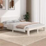 Double Size White Solid Wood Bed Frame with Sturdy Slats and Headboard