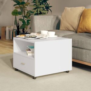 Chic White Coffee Table with Storage Drawer and Lockable Wheels Modern Living Room