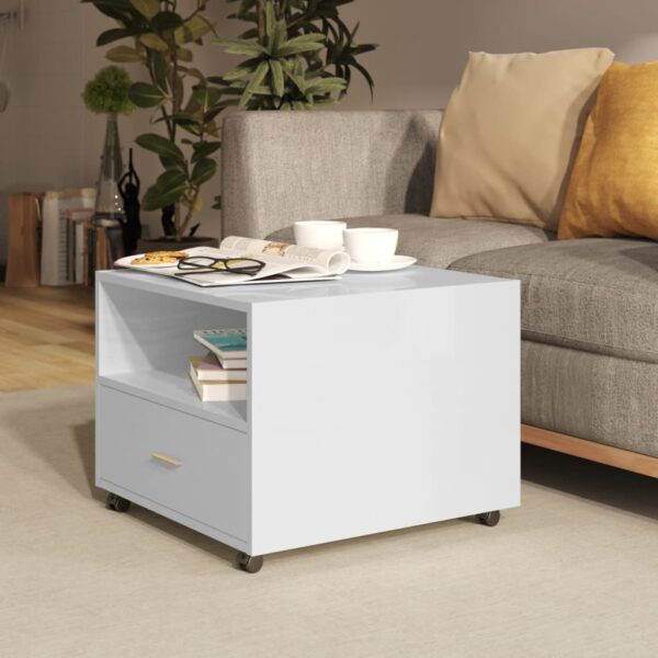 High Gloss White Coffee Table Modern Engineered Wood with Storage and Wheels