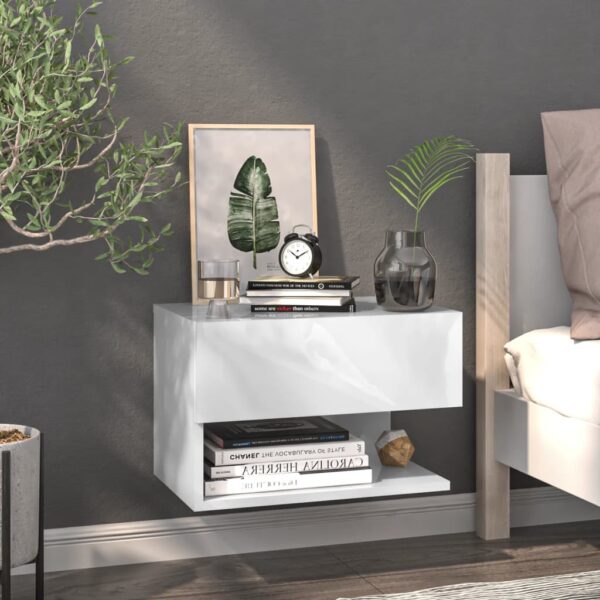 Chic High Gloss White Floating Bedside Cabinet Wall-Mounted Storage Shelf