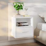 Chic White Floating Bedside Cabinet Wall Mount Storage Drawer Space Saver Modern