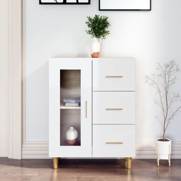 Chic High Gloss White Sideboard Cabinet with Glass Door and Storage Drawers