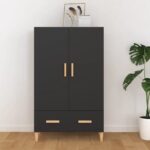 Chic Black Highboard Cabinet Engineered Wood Storage Sideboard with Doors Drawer