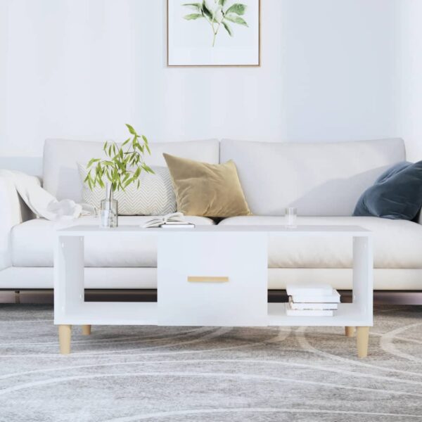 Chic White Coffee Table Contemporary Engineered Wood with Storage and Drawer