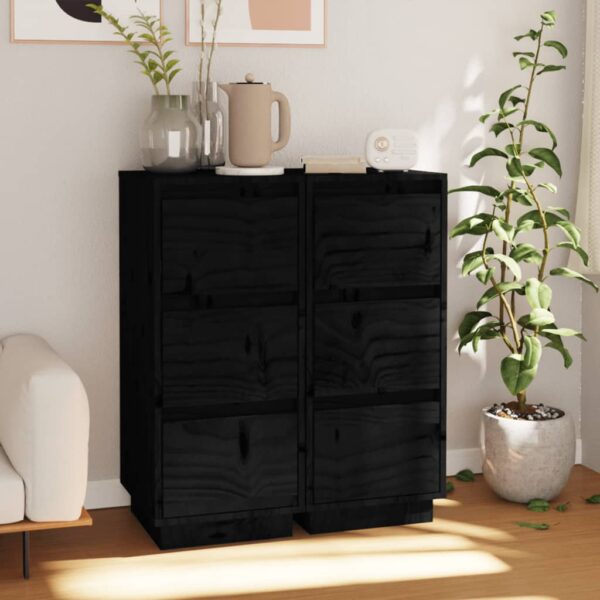 Elegant Black Solid Pine Wood Sideboards Set Classic Storage Cabinets Decor