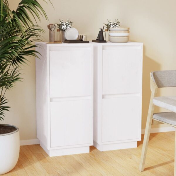 Chic White Solid Pine Wood Sideboard Set Dual Cabinet Storage with Floating Feet