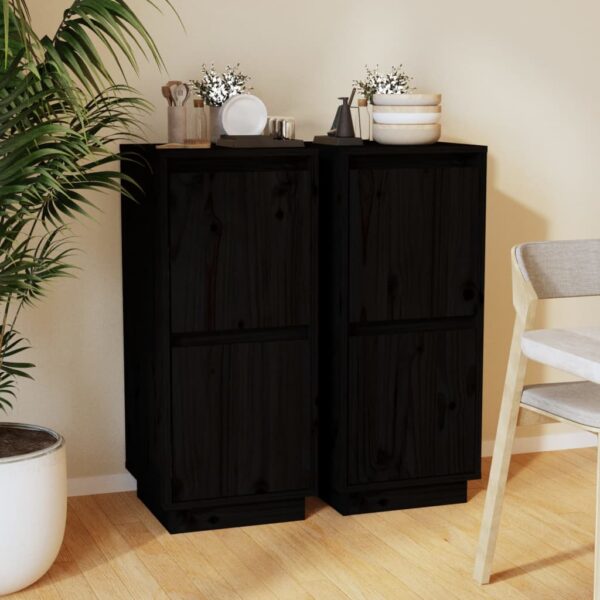 Chic Black Solid Wood Pine Sideboard Set Dual Storage Cabinets with Shelves