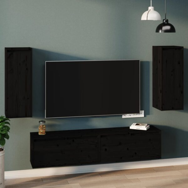 Solid Pine Wood Wall Cabinets Set of Two - Black Floating Storage Shelves