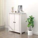 Chic White Solid Pine Wood Sideboard Storage Cabinet with Sturdy Top