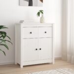 Chic White Solid Pine Wood Sideboard Storage Cabinet Rustic Organizer