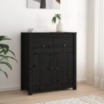 Solid Pine Wood Sideboard Storage Cabinet Black Rustic Ample Space Sturdy Top