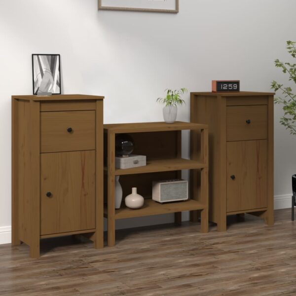 Rustic Honey Brown Solid Pine Wood Sideboards Set of Two with Ample Storage