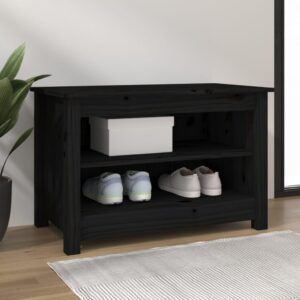 Solid Pine Wood Shoe Bench Black Stylish Storage Organizer with Shelves Decor