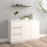 Solid Pine Wood Sideboard White Finish Spacious Storage with Drawers & Doors