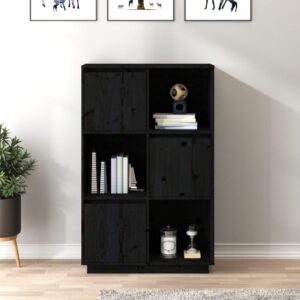 Chic Black Solid Pine Wood Highboard Rustic Storage Cabinet with Adjustable Doors