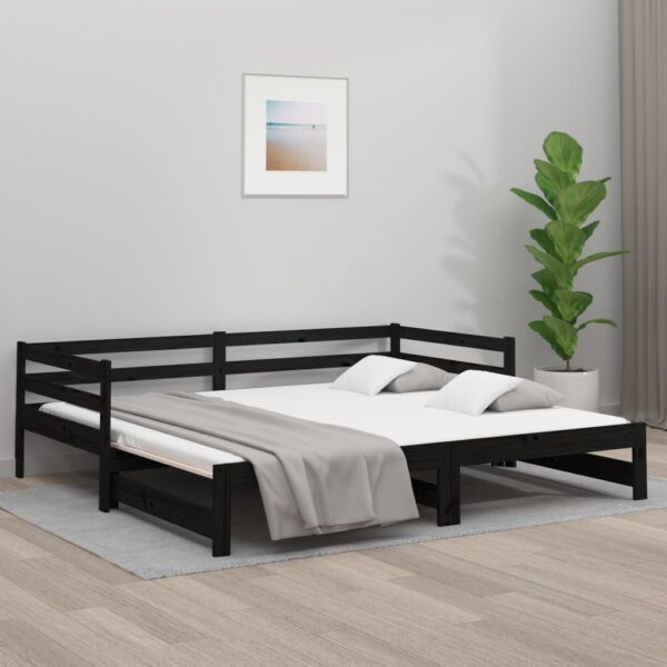 Solid Pine Wood Day Bed Sofa with Pull-out Trundle Black Single Size Slatted