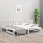 Solid Pine Wood Day Bed White Single Size Pull-out Sofa Bed Slatted Guest Bed