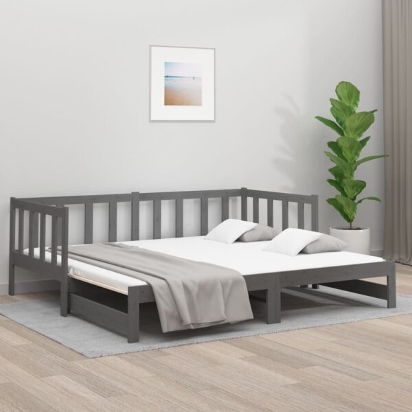 Solid Pine Wood Day Bed Grey Single Size Pull-out Sofa Slatted Guest Sleeper