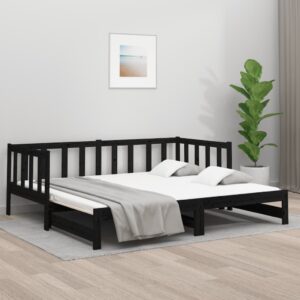 Solid Pine Wood Day Bed Sofa with Pull-out Trundle Black Single Size Slatted