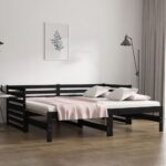 Solid Pine Wood Day Bed Sofa with Pull-out Trundle Black Single Size Slatted