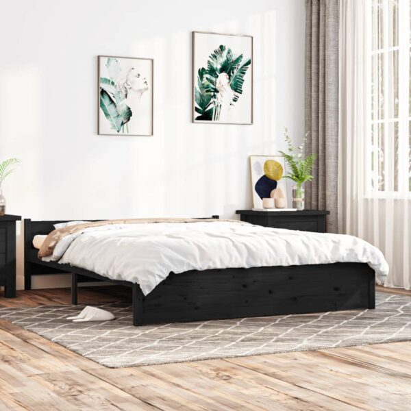 Queen Size Solid Wood Bed Frame with Headboard Sturdy Pine Slat Black Finish