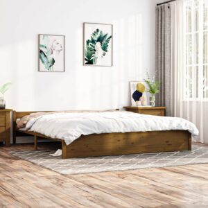 King Size Solid Wood Bed Frame Honey Brown with Sturdy Plywood Slats