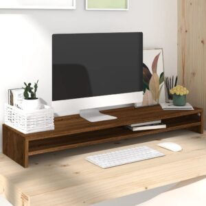 Engineered Wood Monitor Stand Riser with Shelf - Brown Oak Dual Screen Desk Organizer