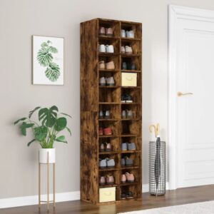 Contemporary Smoked Oak Shoe Cabinet Large Capacity Engineered Wood Organizer