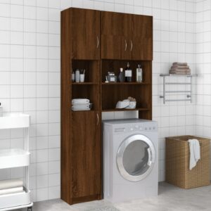 Engineered Wood Tall Bathroom Cabinet Brown Oak Finish Moisture Resistant