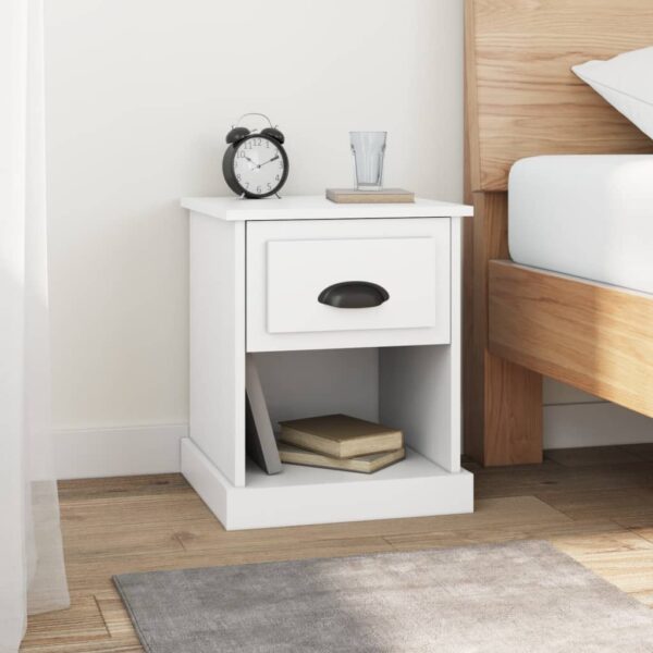 White Engineered Wood Bedside Cabinet Nightstand with Drawer and Shelf