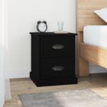 Black Engineered Wood Bedside Cabinet Nightstand with Storage Drawers